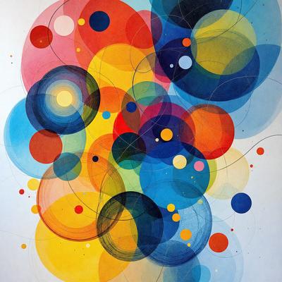 The primary subject of the image is a colorful, abstract artwork featuring a variety of shapes, colors, and patterns. The setting is a white background, which provides a clean and uncluttered environment for the artwork. The visual style is a combination of digital art and illustration, creating a unique and vibrant piece. The dominant colors in the artwork are yellow, blue, and orange, which contribute to a lively and energetic atmosphere.